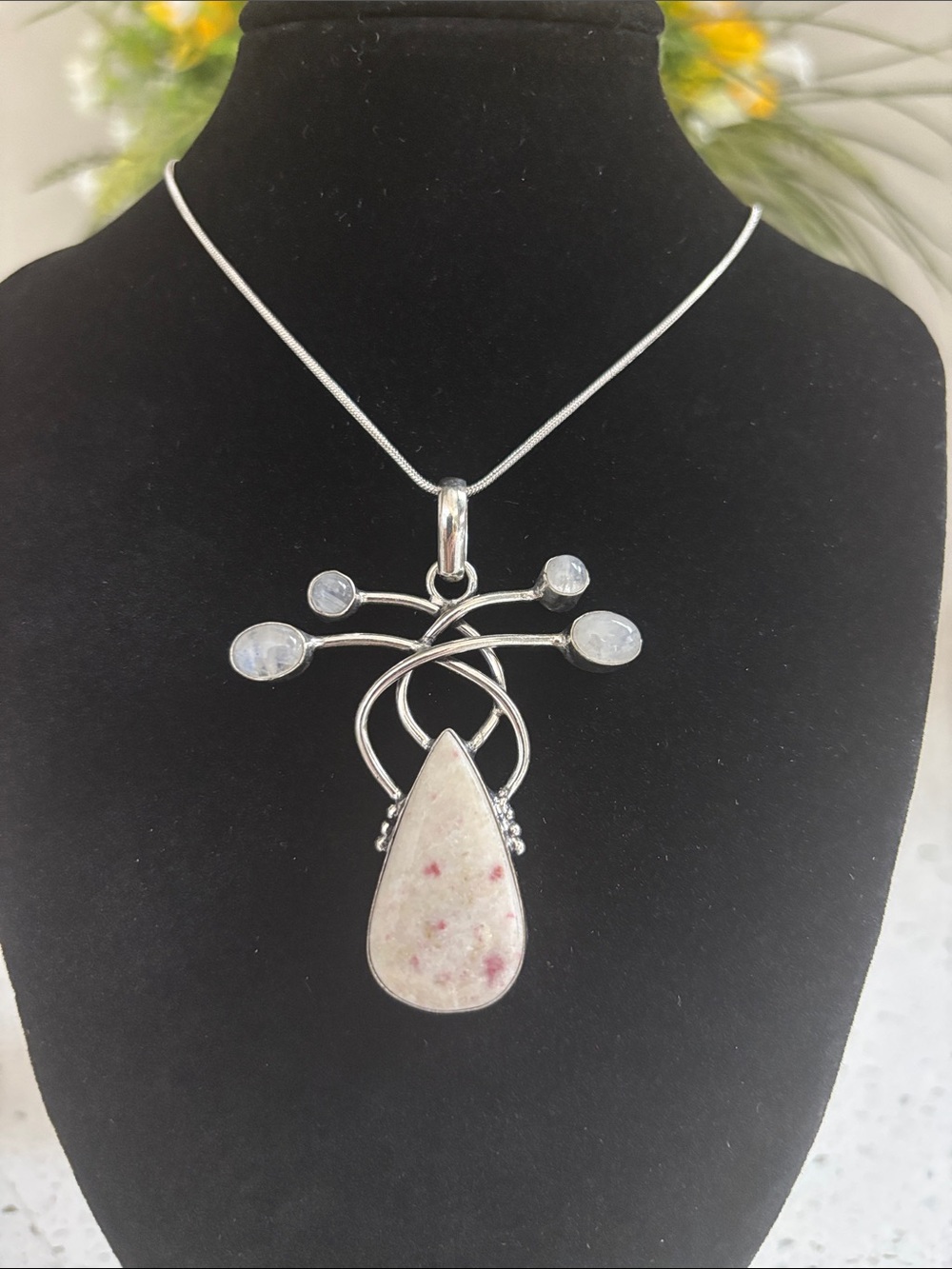 Sterling Silver Lepidolite Rainbow Moonstone Gemstone Pendant Necklace